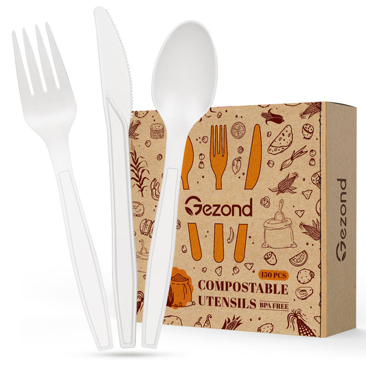 Compostable Utensils Set 150pcs Disposable Forks Knives Spoons Biodegradable Cutlery
