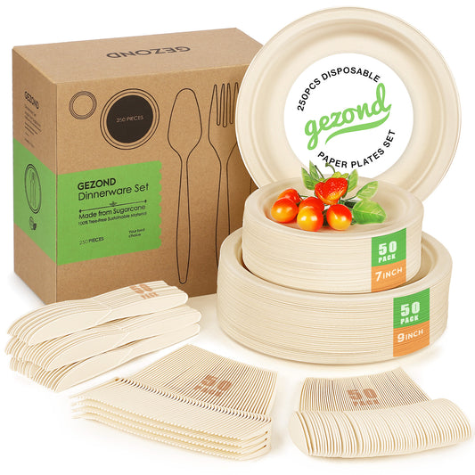 250pcs Compostable Paper Plates Set, Biodegradable Plates Heavy-Duty Paper Plates Cutlery