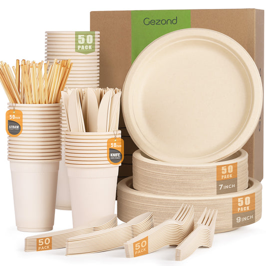 350pcs Compostable Paper Plates Set Eco-friendly Disposable Paper Plates Cutlery Includes Biodegradable Plates, Forks, Knives, Spoons, Cups and Straws